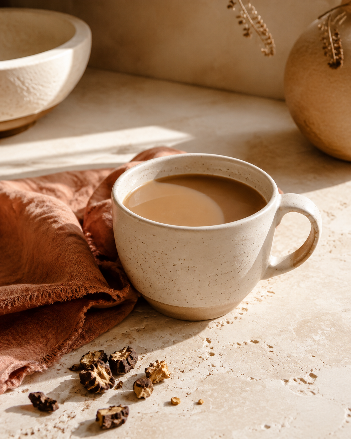 A warm cup of chicory coffee on a sunlit stone counter with a rust-colored linen napkin.