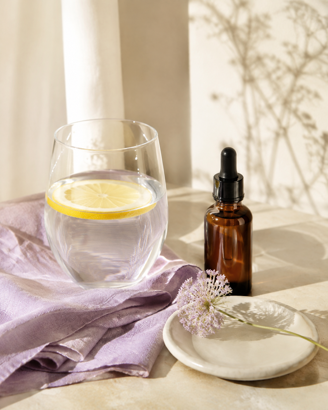 Lemon water, an unbranded amber dropper bottle, and lavender linen in soft window light.