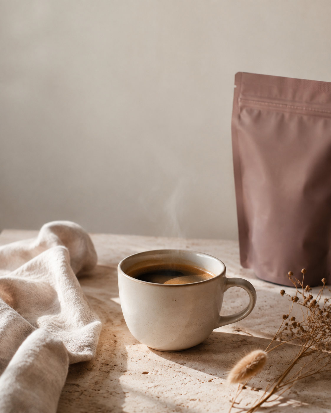 A steaming cup of coffee beside an unbranded pouch on a linen-covered stone surface.